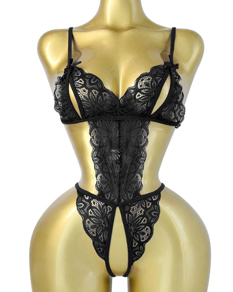 Women's Sexy Hollow Translucent Floral Lace Backless One-Piece Pajamas