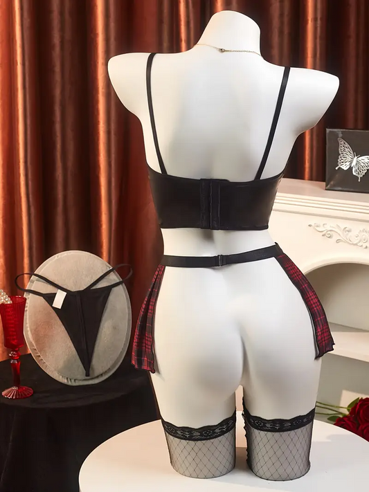 PU-Printed Rivet Embellished Multi-Piece Sexy Lingerie Set