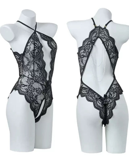 Sexy Lace Open Crotch Tights Pearl Backless Pajamas With Heart Decoration Leg Socks