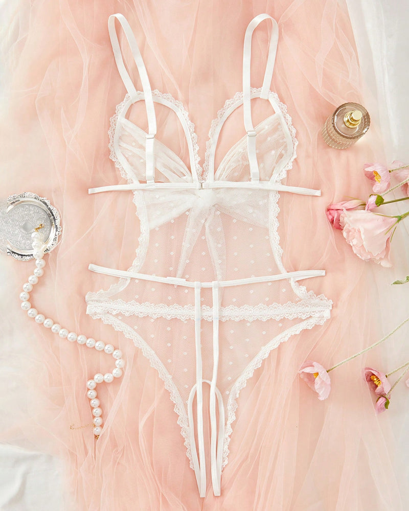 Sexy Floral Lace Bow Tie Open Crotch Hollow Polka Dot Mesh One-Piece Pajamas