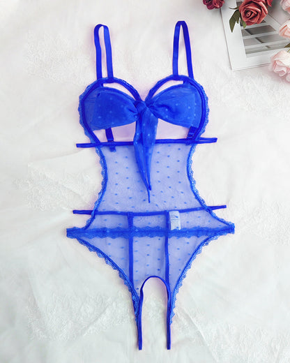 Sexy Floral Lace Bow Tie Open Crotch Hollow Polka Dot Mesh One-Piece Pajamas