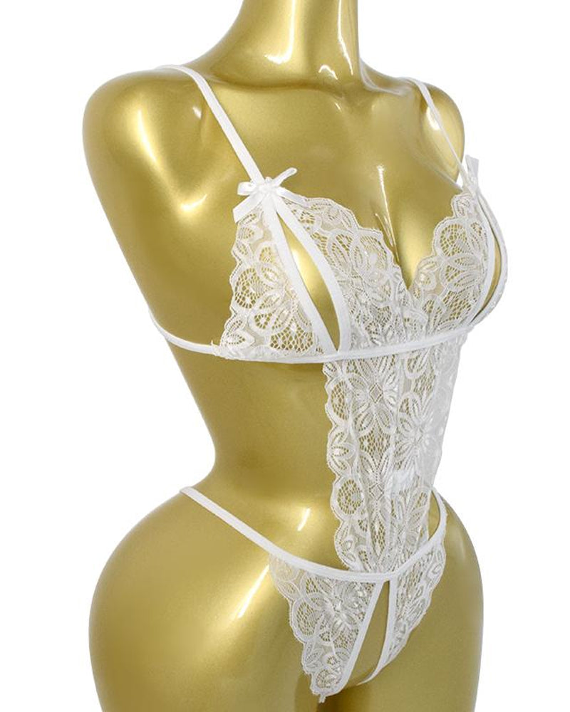 Women's Sexy Hollow Translucent Floral Lace Backless One-Piece Pajamas