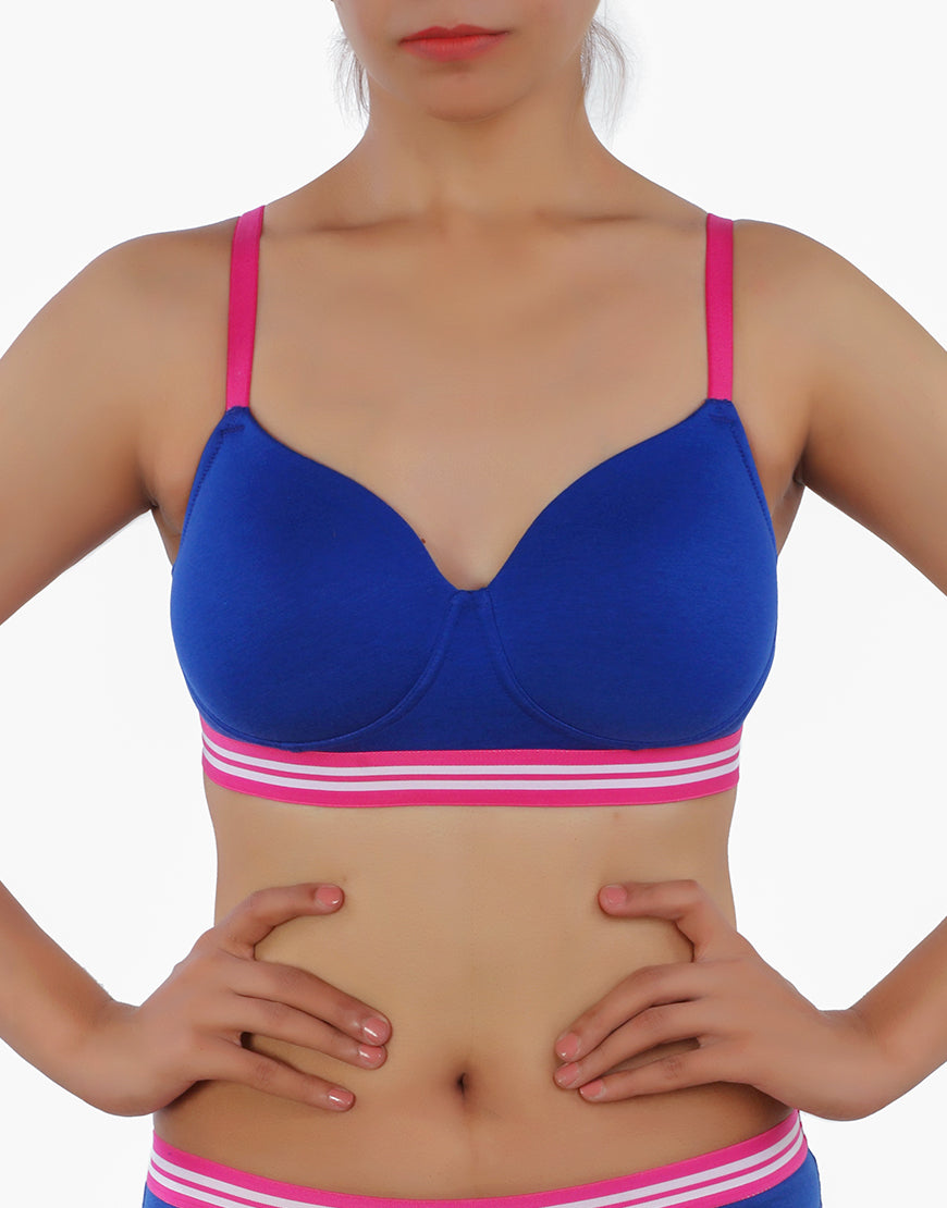 Pack of 3, LIGHTLY PADDED NON WIRED TSHIRT BRA WITH STRIPED ELASTIC WAIST BAND-BLUE