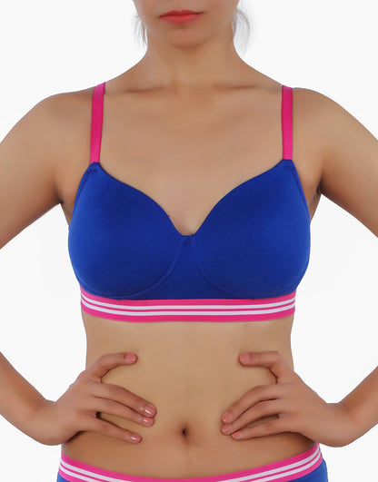 Pack of 3, LIGHTLY PADDED NON WIRED TSHIRT BRA WITH STRIPED ELASTIC WAIST BAND-BLUE
