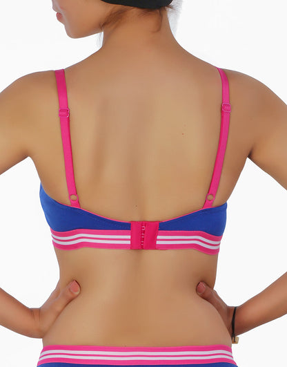 Pack of 3, LIGHTLY PADDED NON WIRED TSHIRT BRA WITH STRIPED ELASTIC WAIST BAND-BLUE