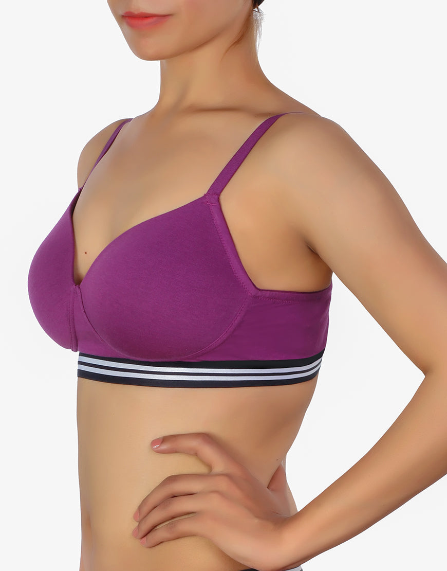 Pack of 3, LIGHTLY PADDED NON WIRED TSHIRT BRA WITH STRIPED ELASTIC WAIST BAND-PURPLE