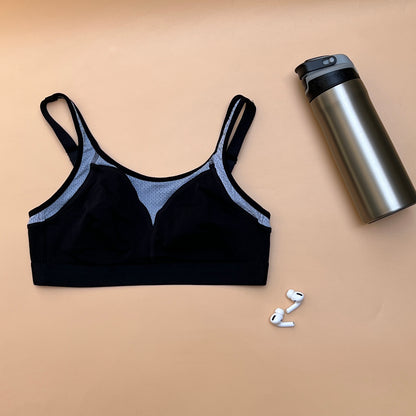 Pack of 3 cotton double layered medium to high impact sports bra-Black