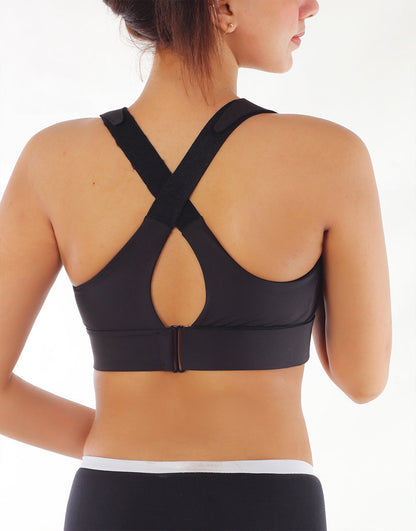 Pack of 3, PREMIUM QUALITY FRONT CLOSURE PADDED HIGH IMPACT SPORTS BRA WITH ADJUSTABLE WAIST BAND-BLACK