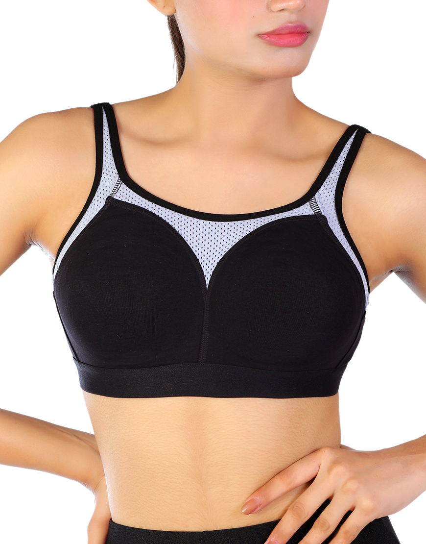 Pack of 3 cotton double layered medium to high impact sports bra-Black