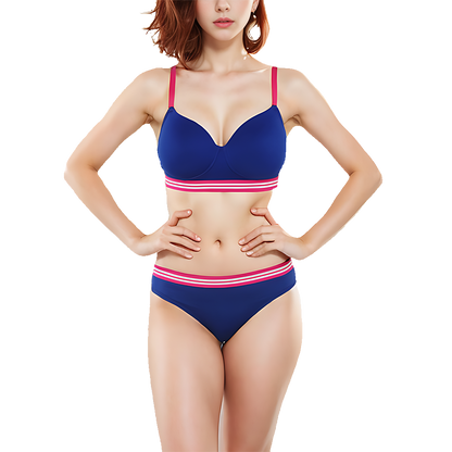 Pack of 3, LIGHTLY PADDED NON WIRED TSHIRT BRA WITH STRIPED ELASTIC WAIST BAND-BLUE