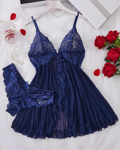 Women's Lace Sexy Ruffle Suspender Nightdress and Panty Set