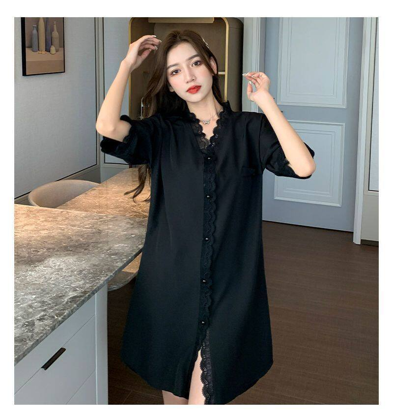 ELF TRIBE Pajamas Women Summer Ice Silk Breathable Cool Korean Style Luxury Nightgown Short-sleeved Sleepwear