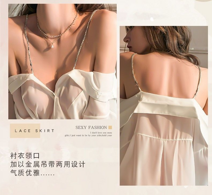 Plus Size Sexy Chain Strap Off-Shoulder Sheer Nightdress