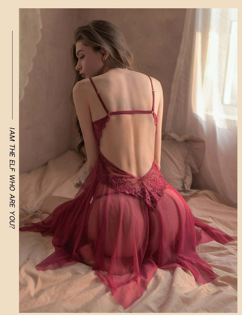 Women Sexy Nightdress Sleepwear Lace with Front Buttoned Steel Ring Pajamas Mesh See-through Temptation Sleepwear