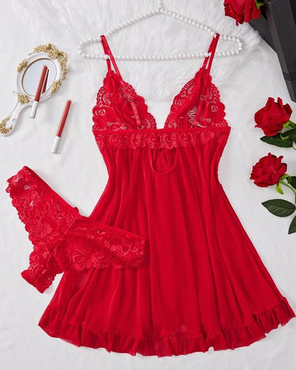 Women's Lace Sexy Ruffle Suspender Nightdress and Panty Set